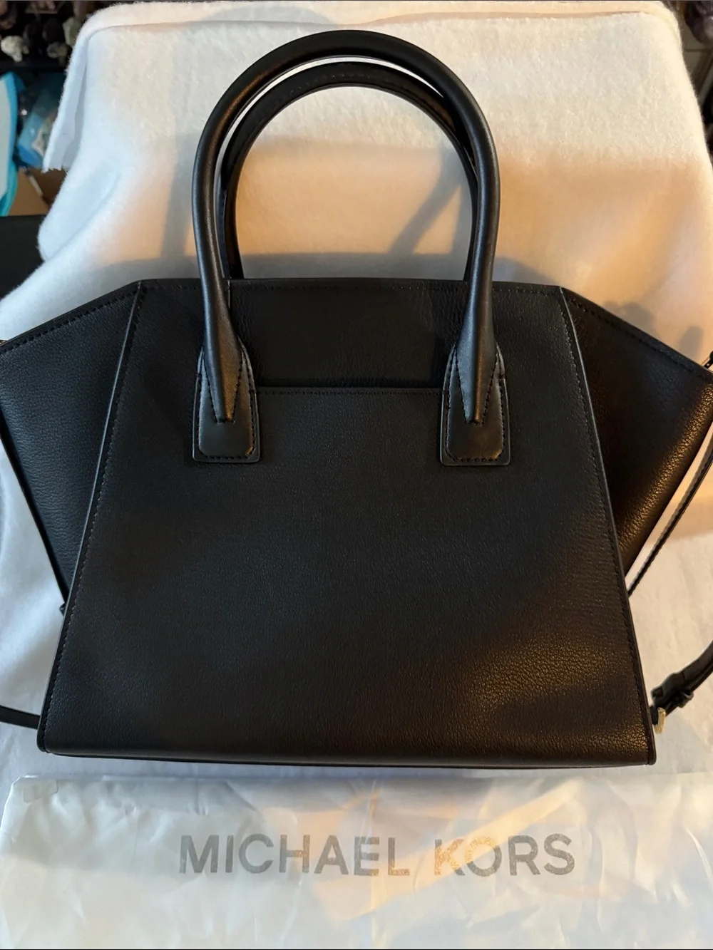 Michael Kors Black Leather Satchel with Gold MK Charm